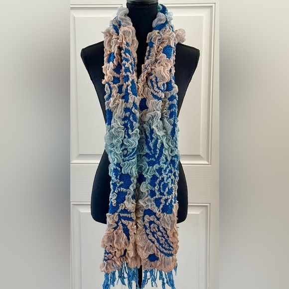 Mixed Media Textural Scarf/Wrap in Blues & Soft Peaches - Picture 2 of 3